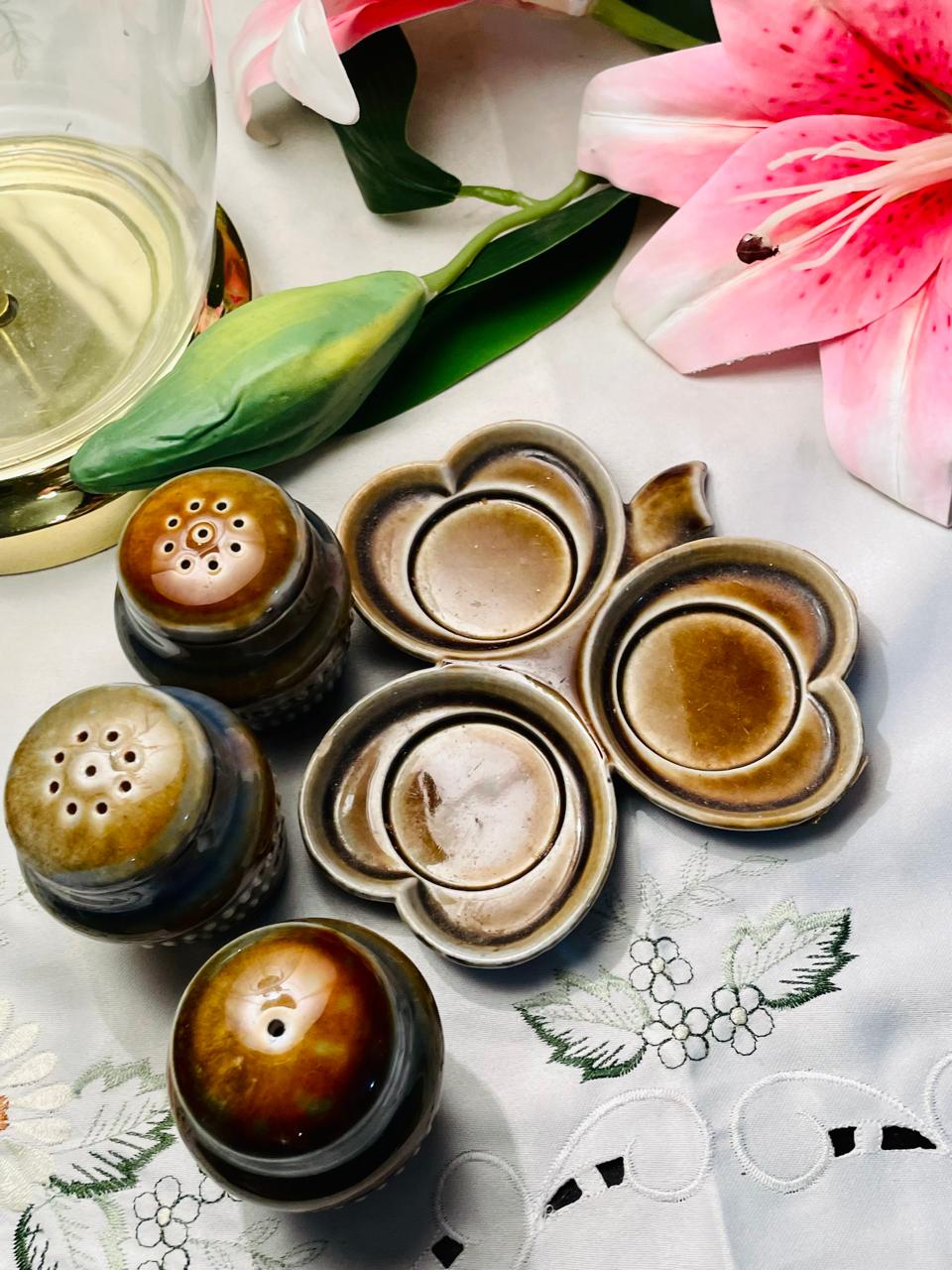 Vintage Ceramic Condiment Shaker Set with Saucers Brown Glaze