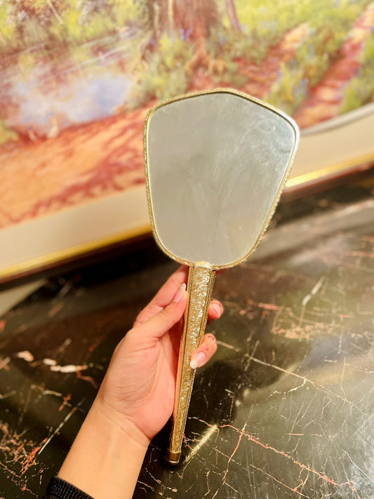 vintage vanity mirror, embroidered floral mirror, antique hand mirror, collectible vanity accessory, England vintage décor, embroidered back mirror, gold frame hand mirror, vintage grooming accessory, vanity table décor, embroidered vintage collectible