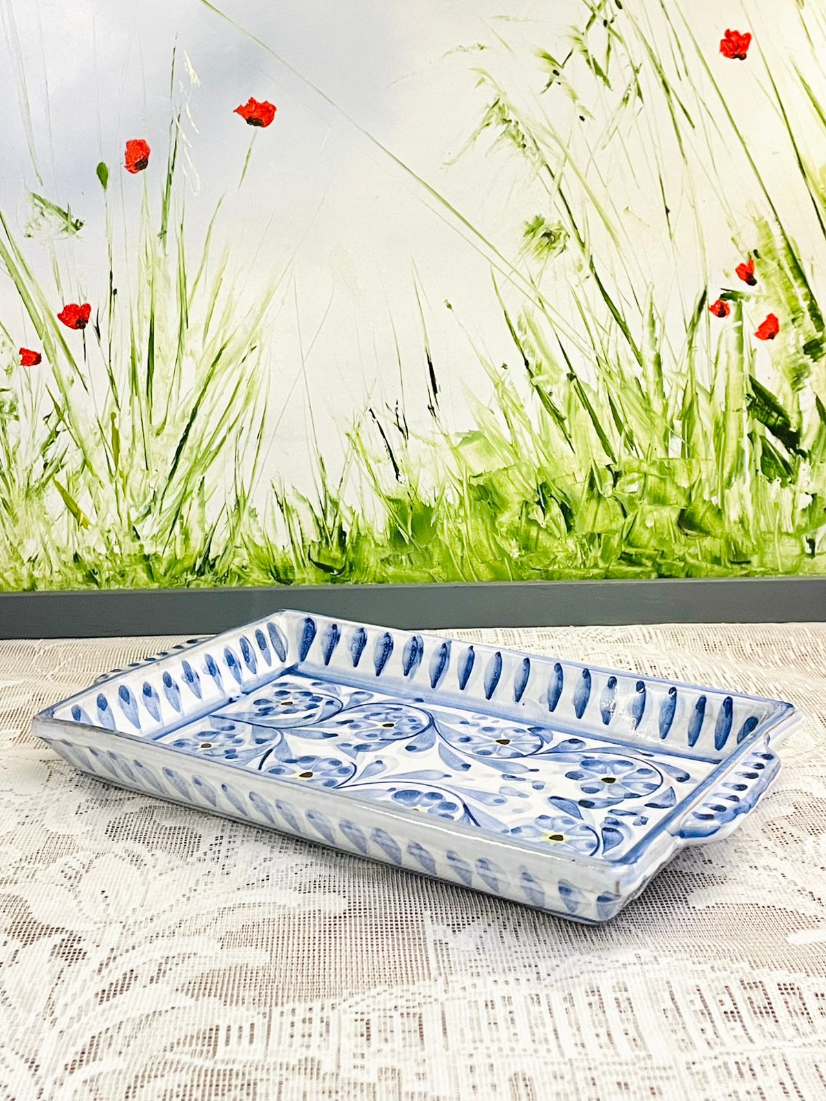 Hand Painted Blue Floral Rectangular Ceramic Serving Tray