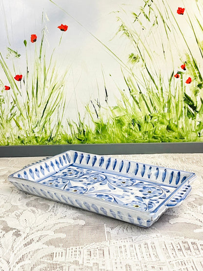 Hand Painted Blue Floral Rectangular Ceramic Serving Tray