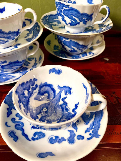 Vintage Blue & White Dragon Tea Cup & Saucer Set | 5 Persons