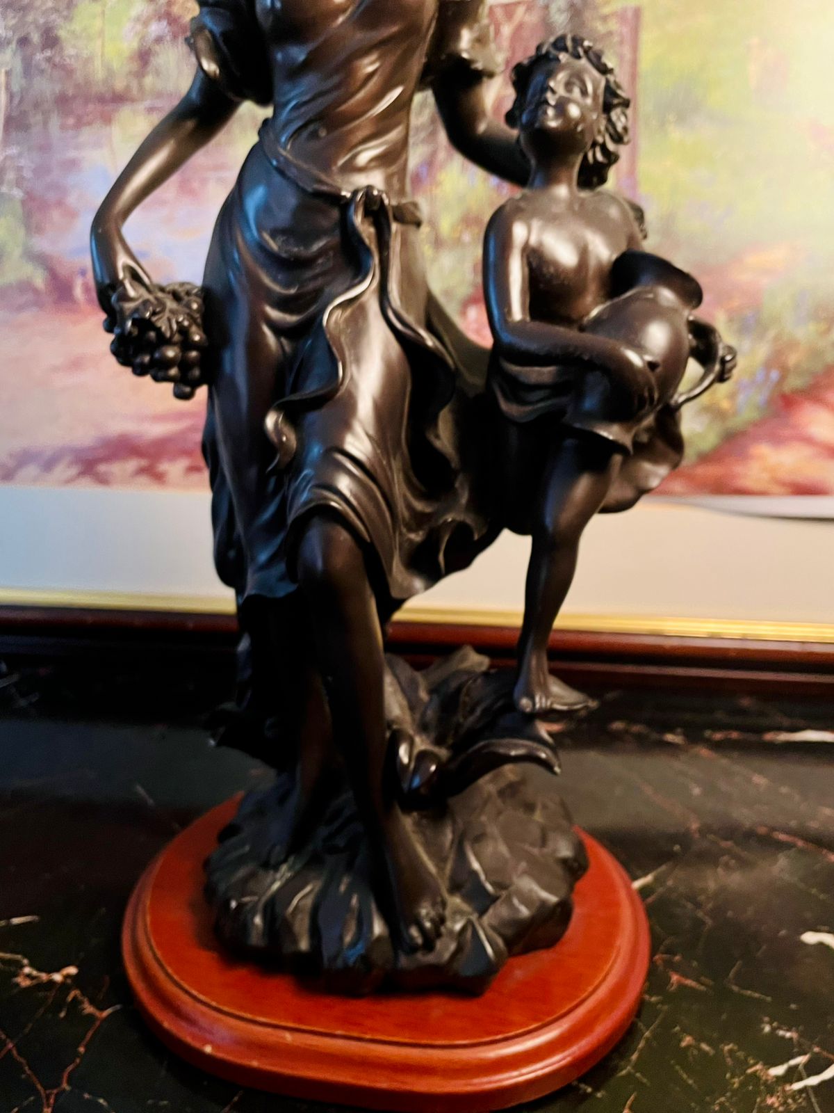 Rare find - Elegant Bronze-Style Woman & Child Figurine on Wooden Base, Stoneware Sculpture, Home Decor