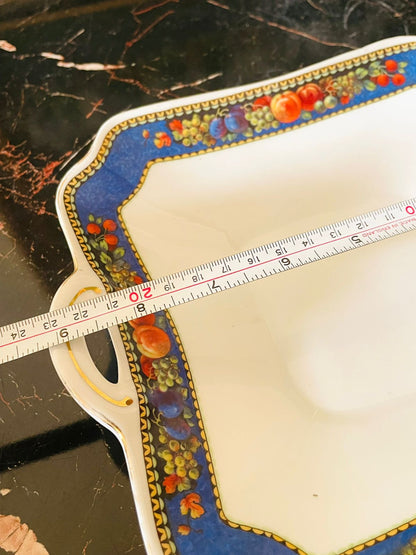 Vintage English Square Handled Serving Plater – Blue Border with Fruit & Vine Pattern