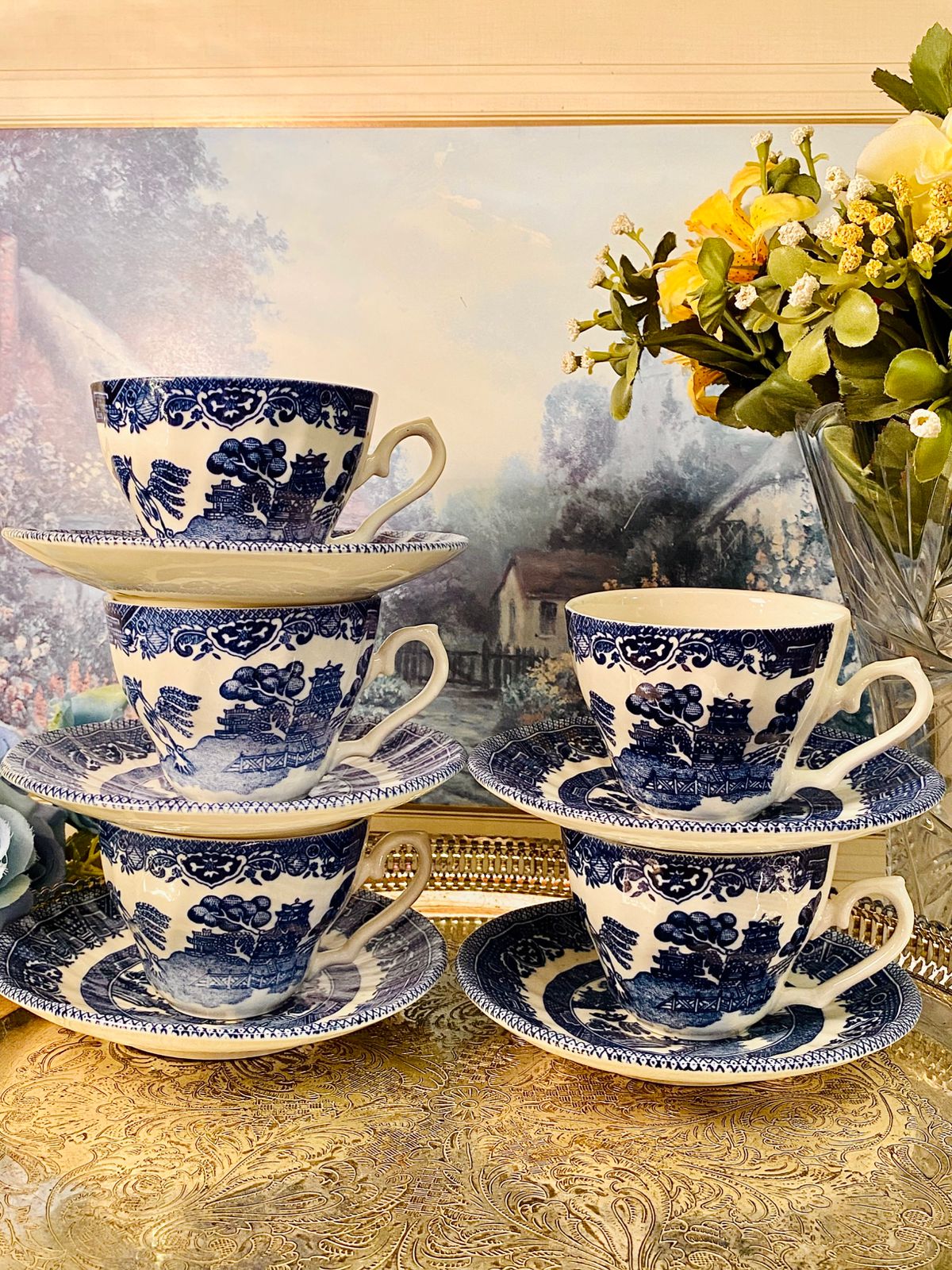 Vintage Blue & White Rayware Teacup & Saucer Set – Cottage Style