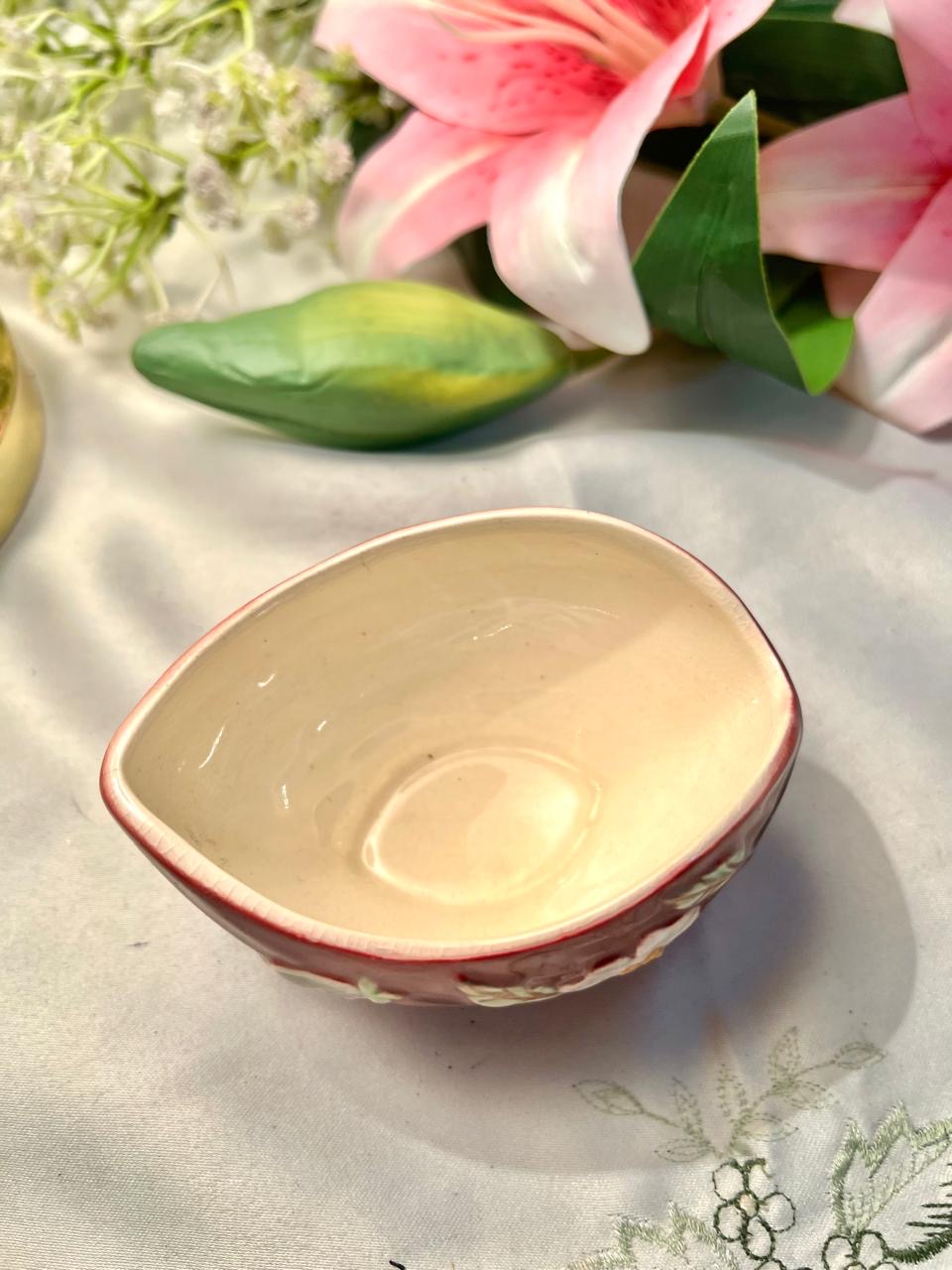 Vintage Hand Painted Burgundy Floral Ceramic Mini Bowl – 10cm