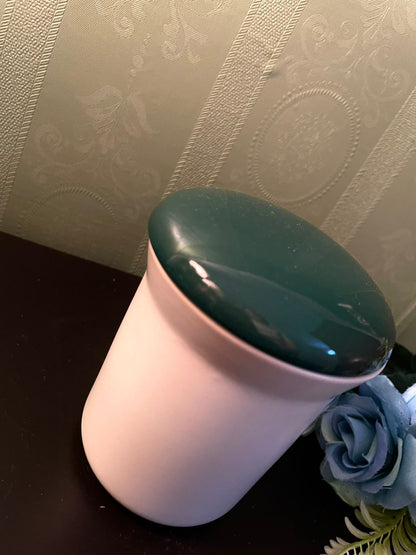 Vintage White Ceramic Storage Jar with Green Lid 4 Inch