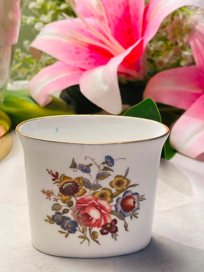 Royal Worcester Vintage Floral Fine  Bone China Style Cachepot Vase  Gold Rim Approx. 8 cm