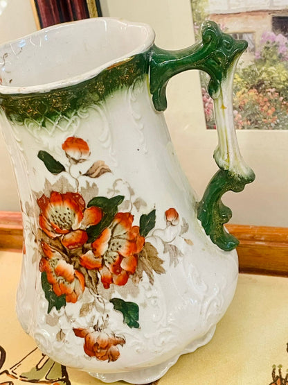 Vintage Porcelaine Royale Floral Pitcher – Embossed White & Green Jug