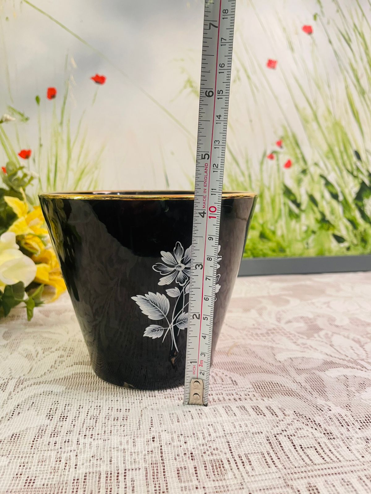 Vintage Wade England Black Floral Planter – Ceramic Pot