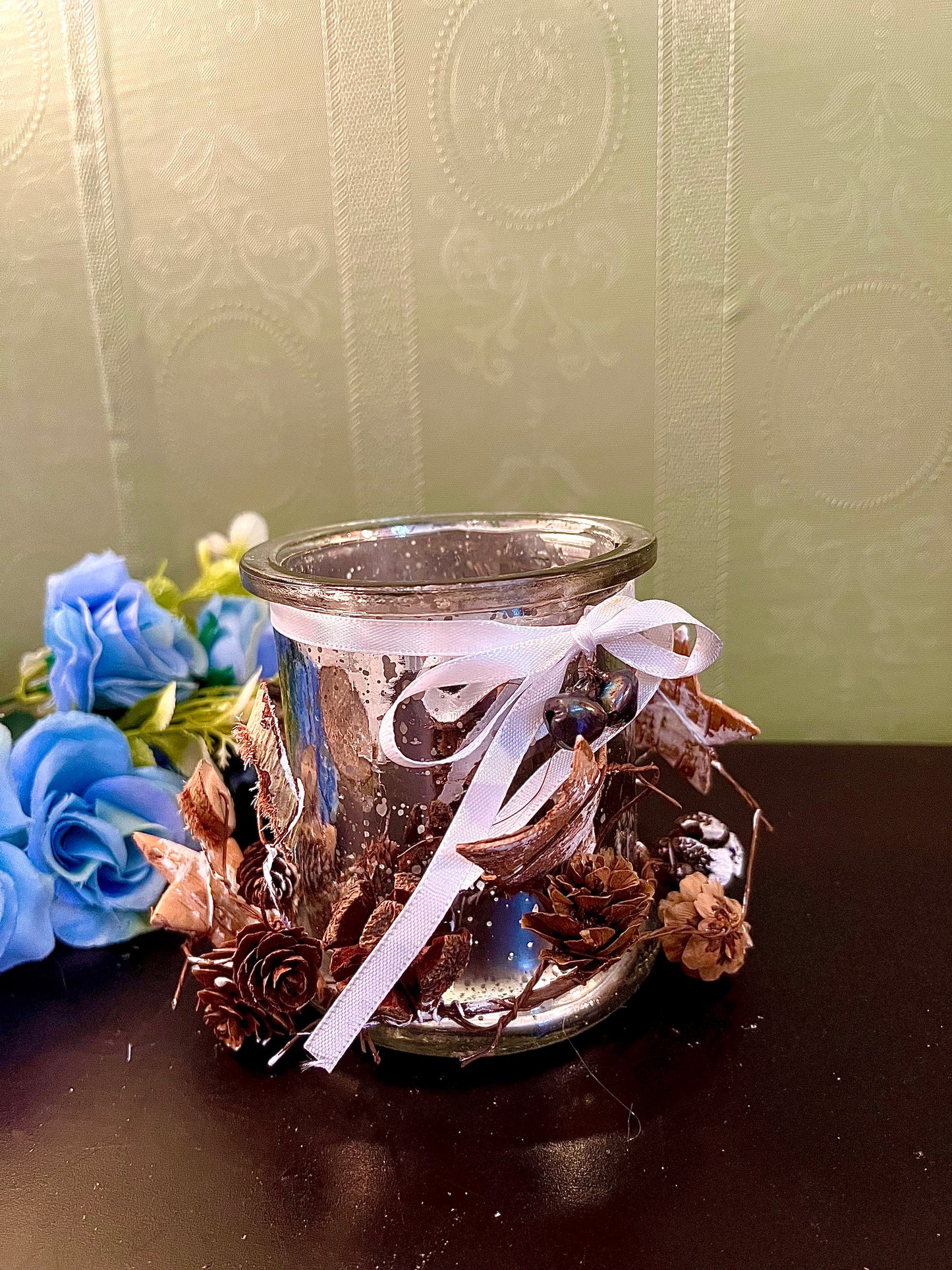 Mercury Glass Candle Holder with Rustic Pinecone & Ribbon Décor