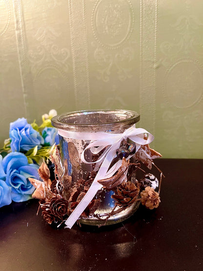 Mercury Glass Candle Holder with Rustic Pinecone & Ribbon Décor