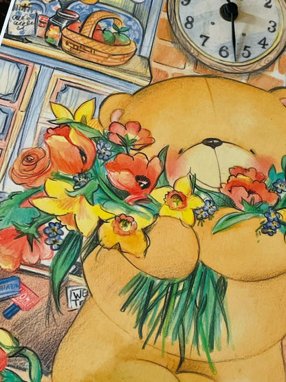 Vintage Teddy Bear Wall Clock – Floral Cottage Kitchen Artwork