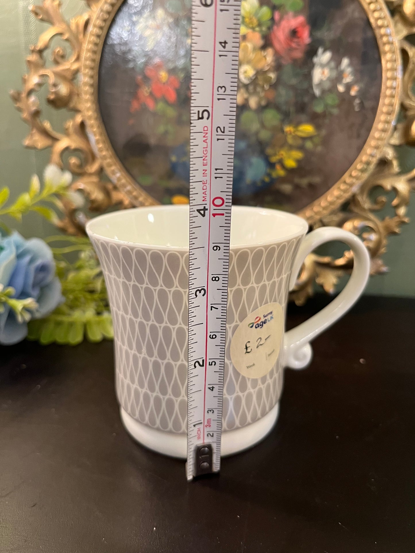 Grey Geometric Ceramic Mug with Curved Handle