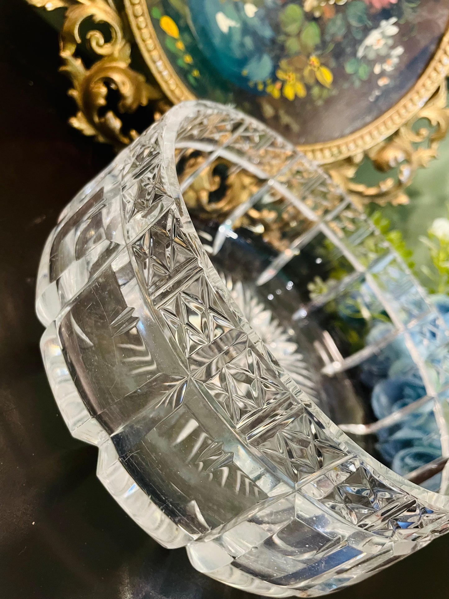 Vintage Crystal Glass Large Round Bowl Starburst Cut