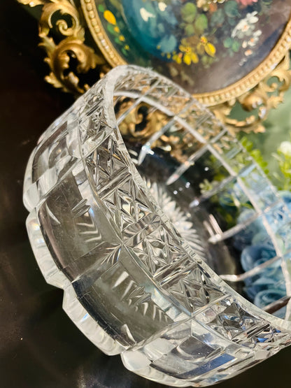 Vintage Crystal Glass Large Round Bowl Starburst Cut