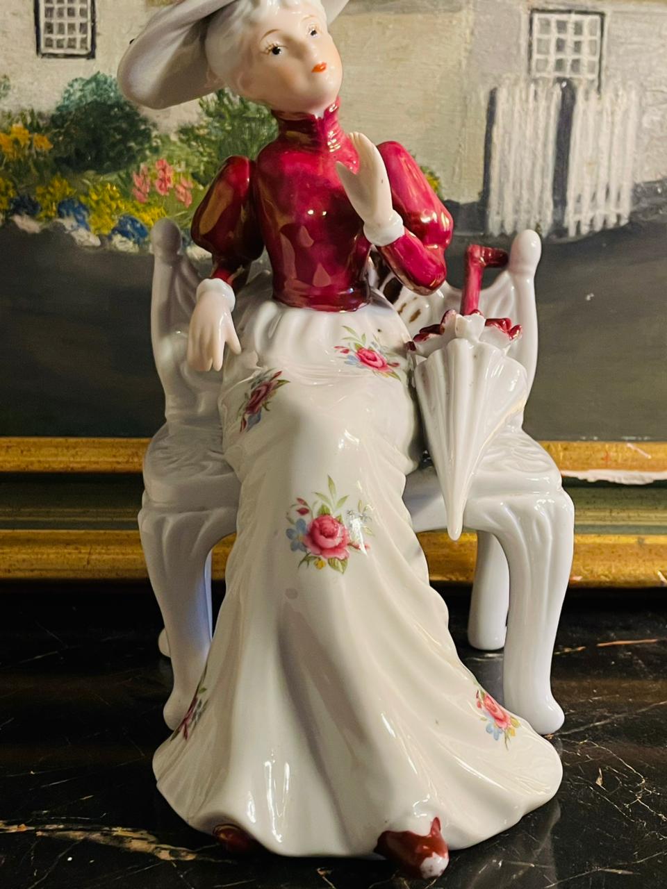 Edwardian Porcelain Figurine –  Woman seated with Umbrella - French Doll