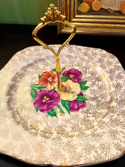 Vintage Floral Porcelain Serving Plate with Gold Handle – Square Cake Tray