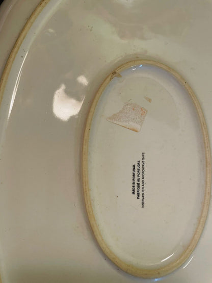 Vintage Portuguese Ceramic Serving Platter | Blue Speckled Oval Tray