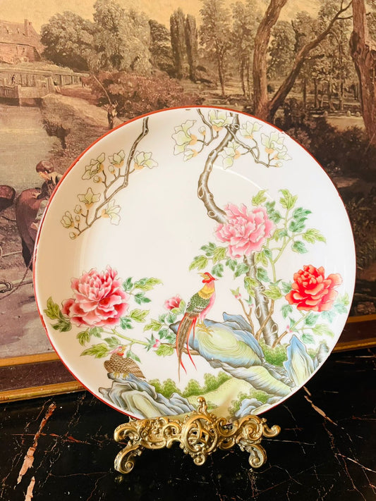 vintage Hong Kong porcelain, hand-painted Chinese plate, birds and peony design, oriental decor plate, collectible Asian porcelain, mid-century Hong Kong china, wall hanging decorative plate, floral bird art plate, rare thrift finds, heritage vintage decor