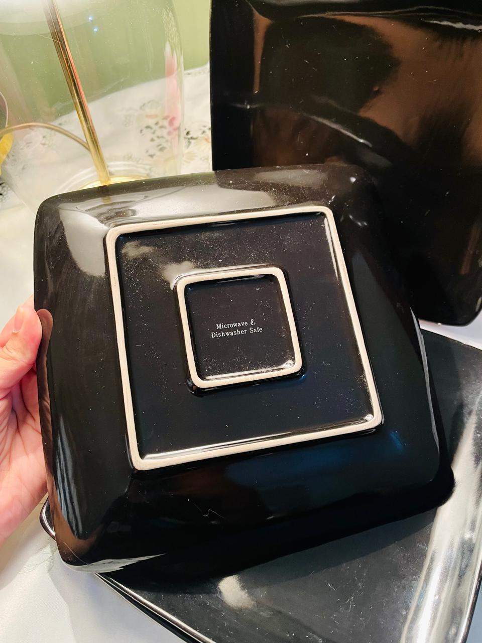 Set of 4 Black Square Ceramic Dinner Plates 24 cm