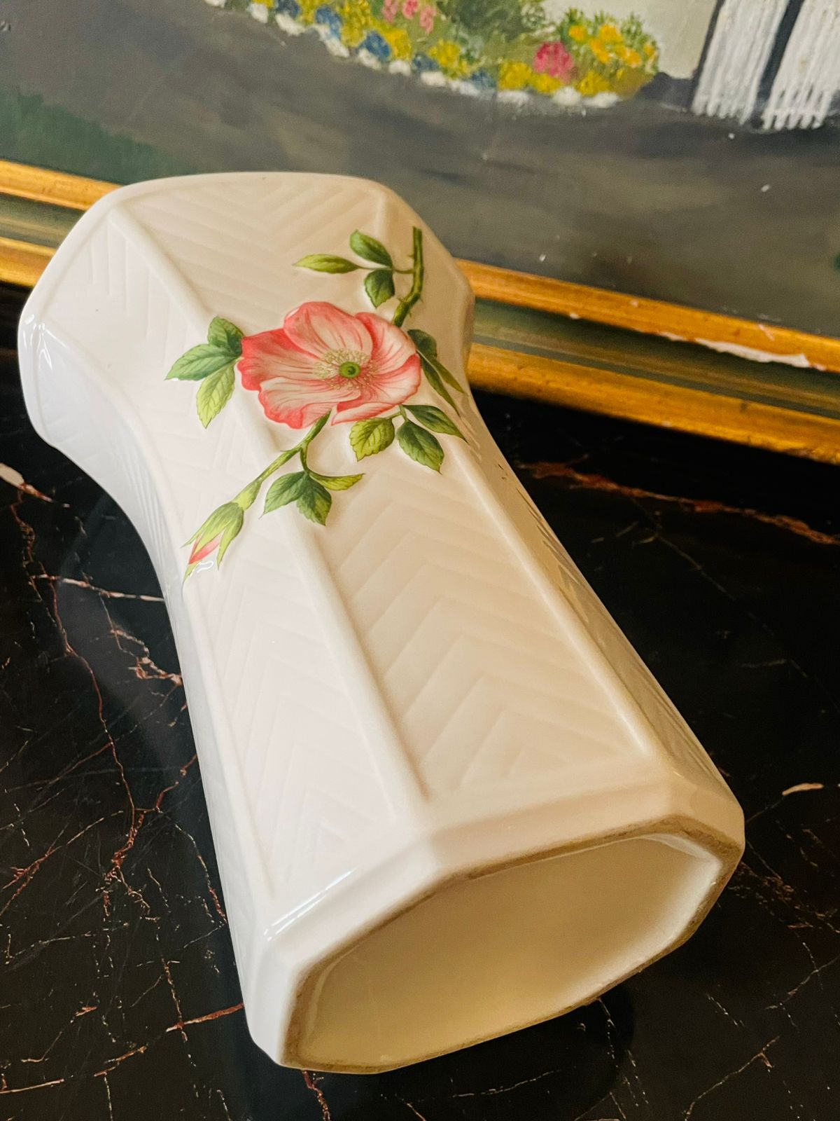 Vintage English Porcelain Hexagonal Vase – Pink Rose Floral, 8 Inch