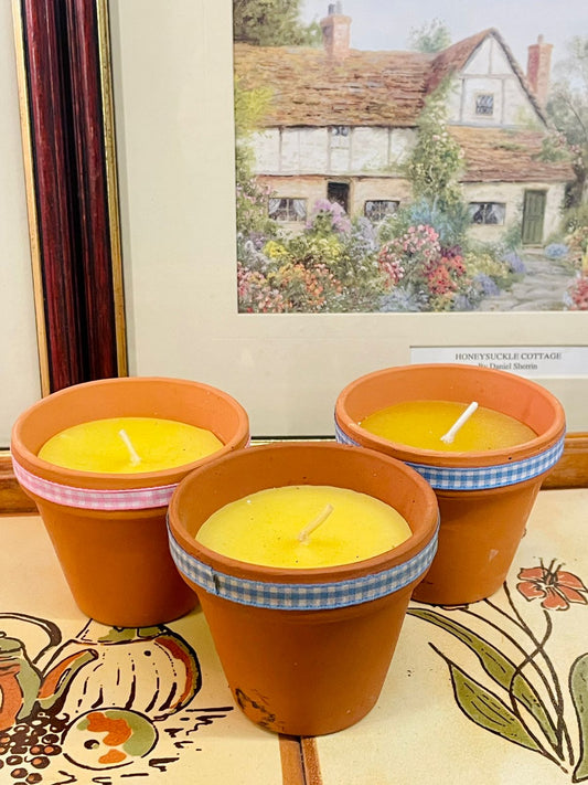 terracotta candle, rustic candle, garden décor, patio candle, clay pot candle, farmhouse décor, cottagecore décor, summer candle, outdoor candle, wax candle pot, handmade style candle, gingham decor, set of 3 candles
