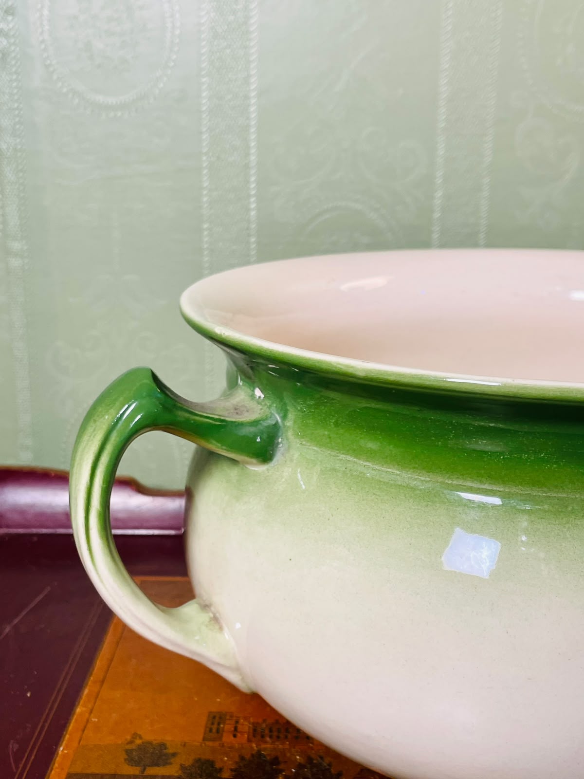 Green & Cream Handled decorative planter 11" Large