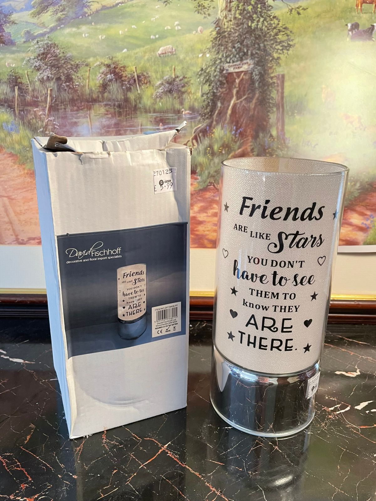 decorative glass lamp, LED quote lamp, friends are like stars lamp, gift lamp Pakistan, night lamp decor, battery lamp, silver base glass lamp, inspirational quote lamp, friendship gift decor, modern home lighting