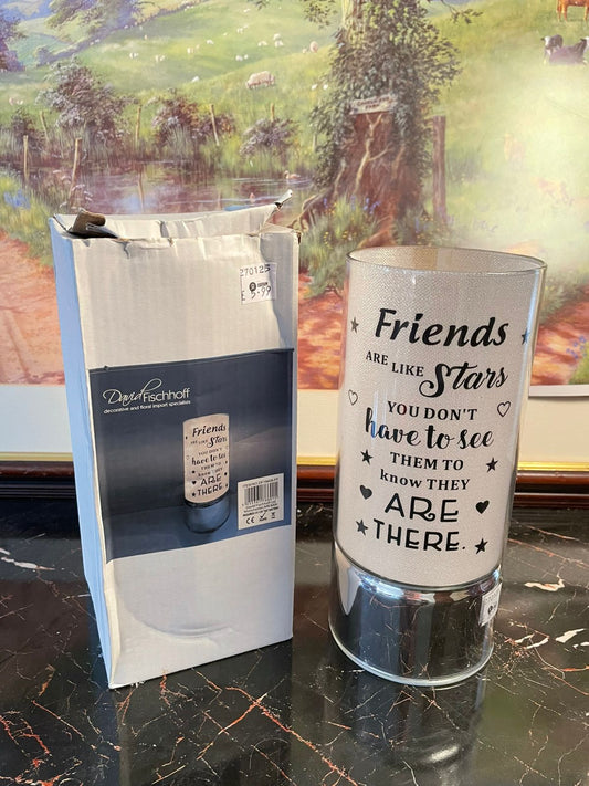decorative glass lamp, LED quote lamp, friends are like stars lamp, gift lamp Pakistan, night lamp decor, battery lamp, silver base glass lamp, inspirational quote lamp, friendship gift decor, modern home lighting