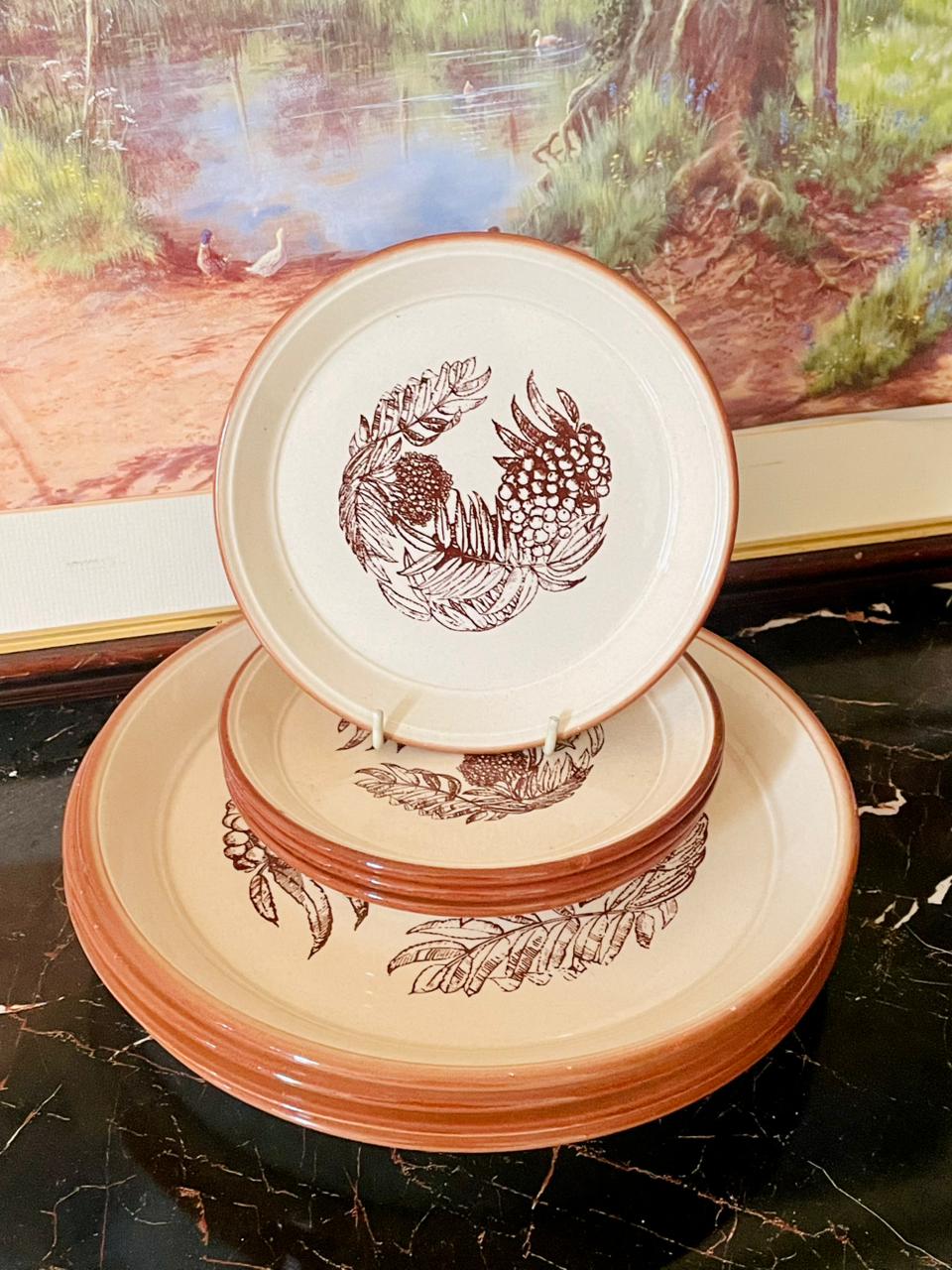 Set of 8 , Vintage Rustic Ceramic Dinner & Side Plates Set – Fruit & Leaf Pattern (England)