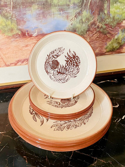 Set of 8 , Vintage Rustic Ceramic Dinner & Side Plates Set – Fruit & Leaf Pattern (England)