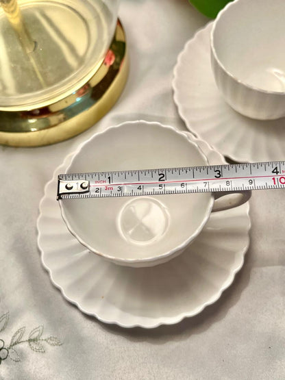 White Scalloped Ceramic Tea Cups & Saucers – Set of 4