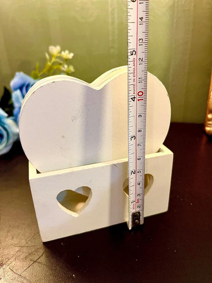 White Heart Wooden Coaster Set with Holder 5 Inch