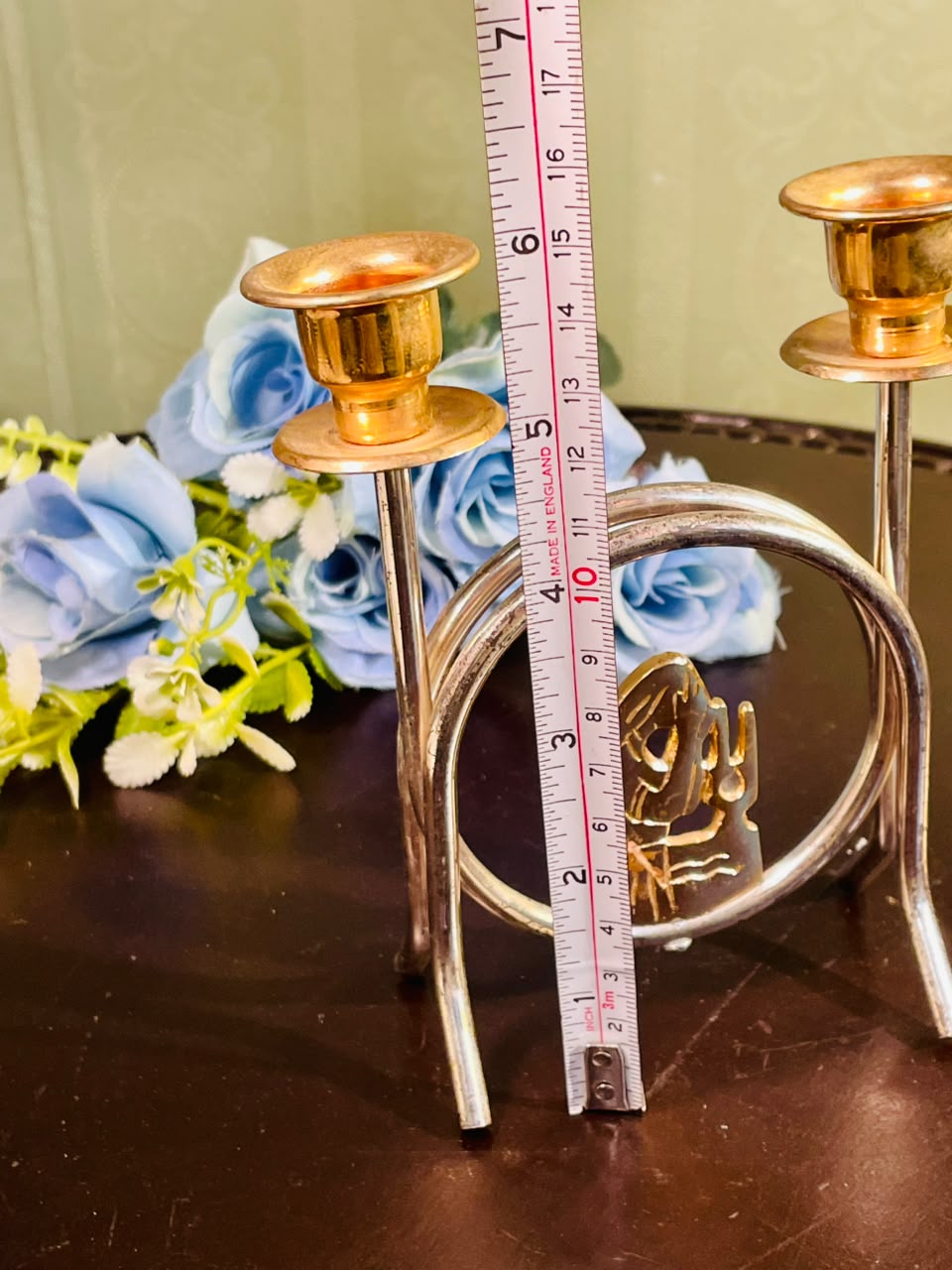 Vintage Silver & Brass Double Candle Holder 18cm