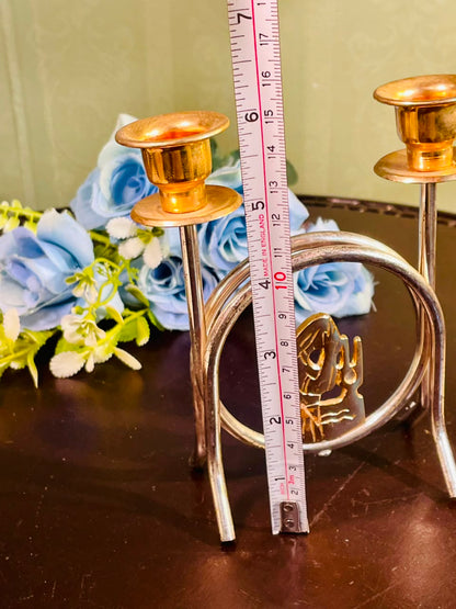 Vintage Silver & Brass Double Candle Holder 18cm