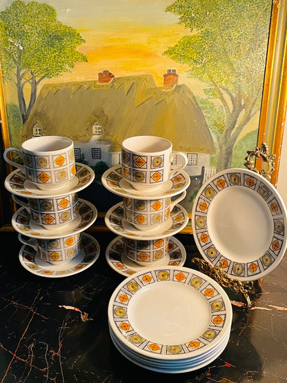 broadhurst staffordshire, vintage tea set england, ironstone dinnerware, retro geometric cups, mid century modern dishes, collectible ceramic set, high tea set vintage, english tableware, serving cups & saucers