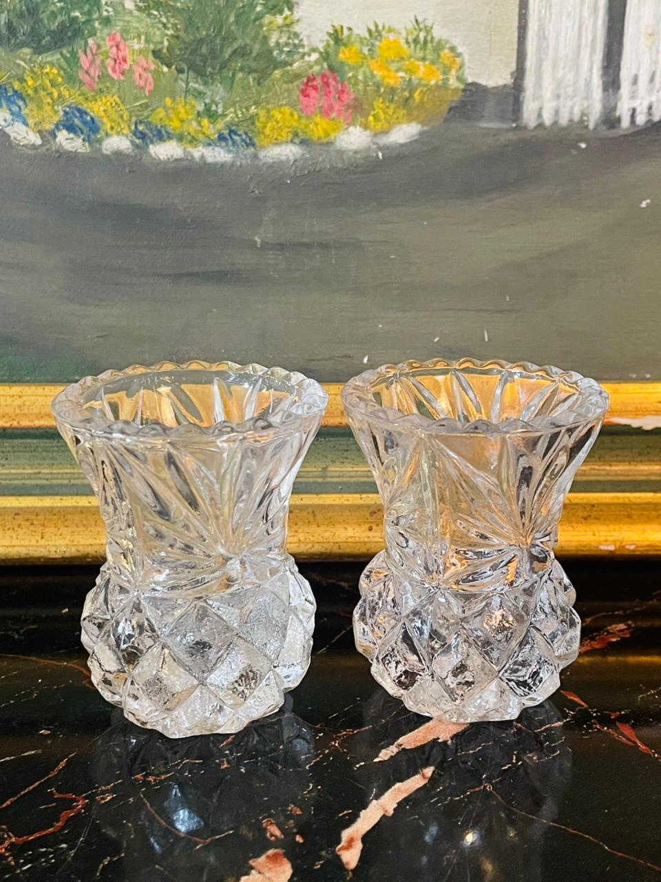 vintagecrystalvase, budvaseset, pressedglassdecor, mouldedcrystal, miniaturestyle, cottagecoredecor, sunsetvintage, victoriandecor, glasscollection, timelesscrystal, elegantvasepair, tabledecor, highendthriftfinds