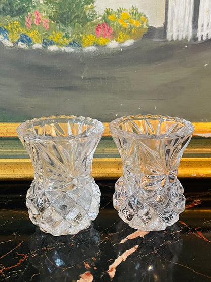 vintagecrystalvase, budvaseset, pressedglassdecor, mouldedcrystal, miniaturestyle, cottagecoredecor, sunsetvintage, victoriandecor, glasscollection, timelesscrystal, elegantvasepair, tabledecor, highendthriftfinds