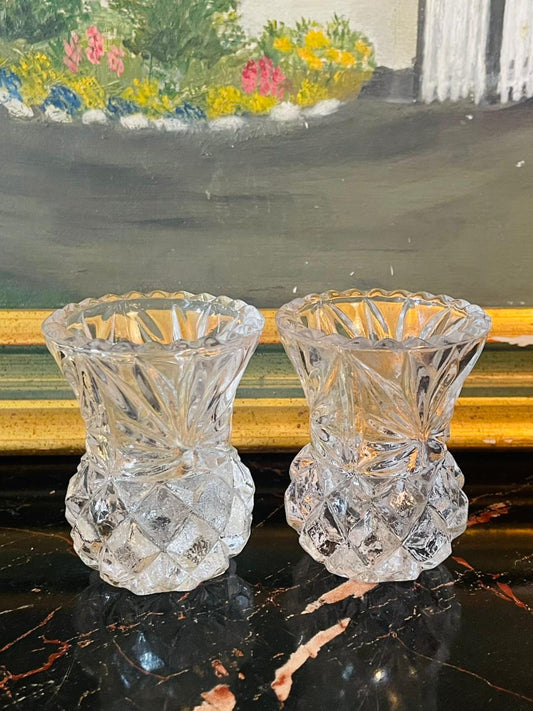 vintagecrystalvase, budvaseset, pressedglassdecor, mouldedcrystal, miniaturestyle, cottagecoredecor, sunsetvintage, victoriandecor, glasscollection, timelesscrystal, elegantvasepair, tabledecor, highendthriftfinds