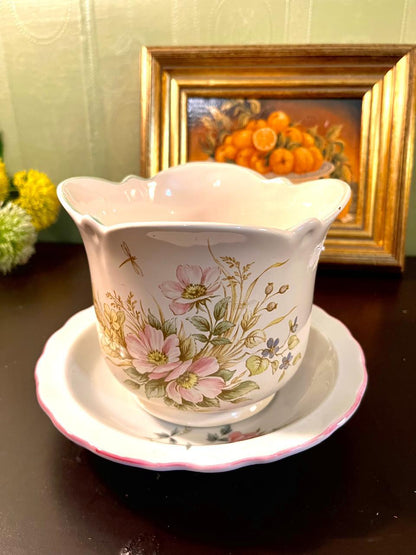 Vintage Floral Ceramic Cachepot Planter with Matching Saucer – 7 Inch