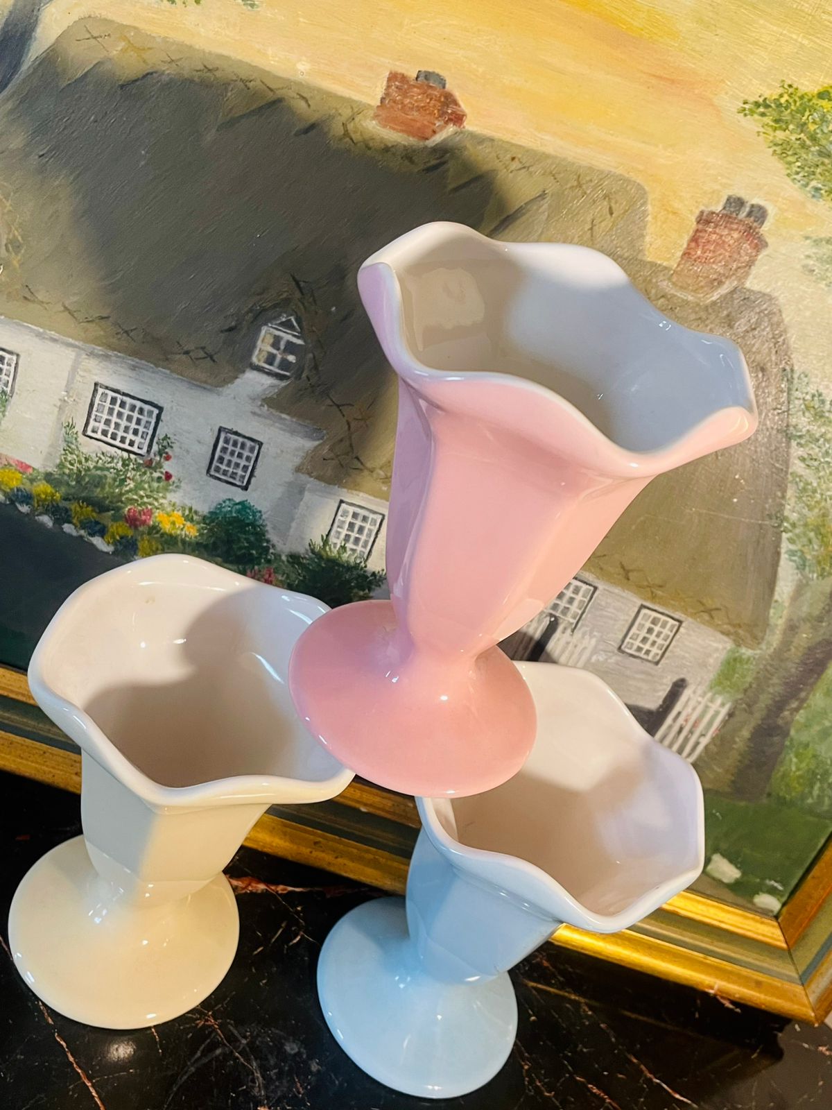 Set of 3 Pastel Flared Ice Cream Glass Ceramic – Blue, Yellow, Pink