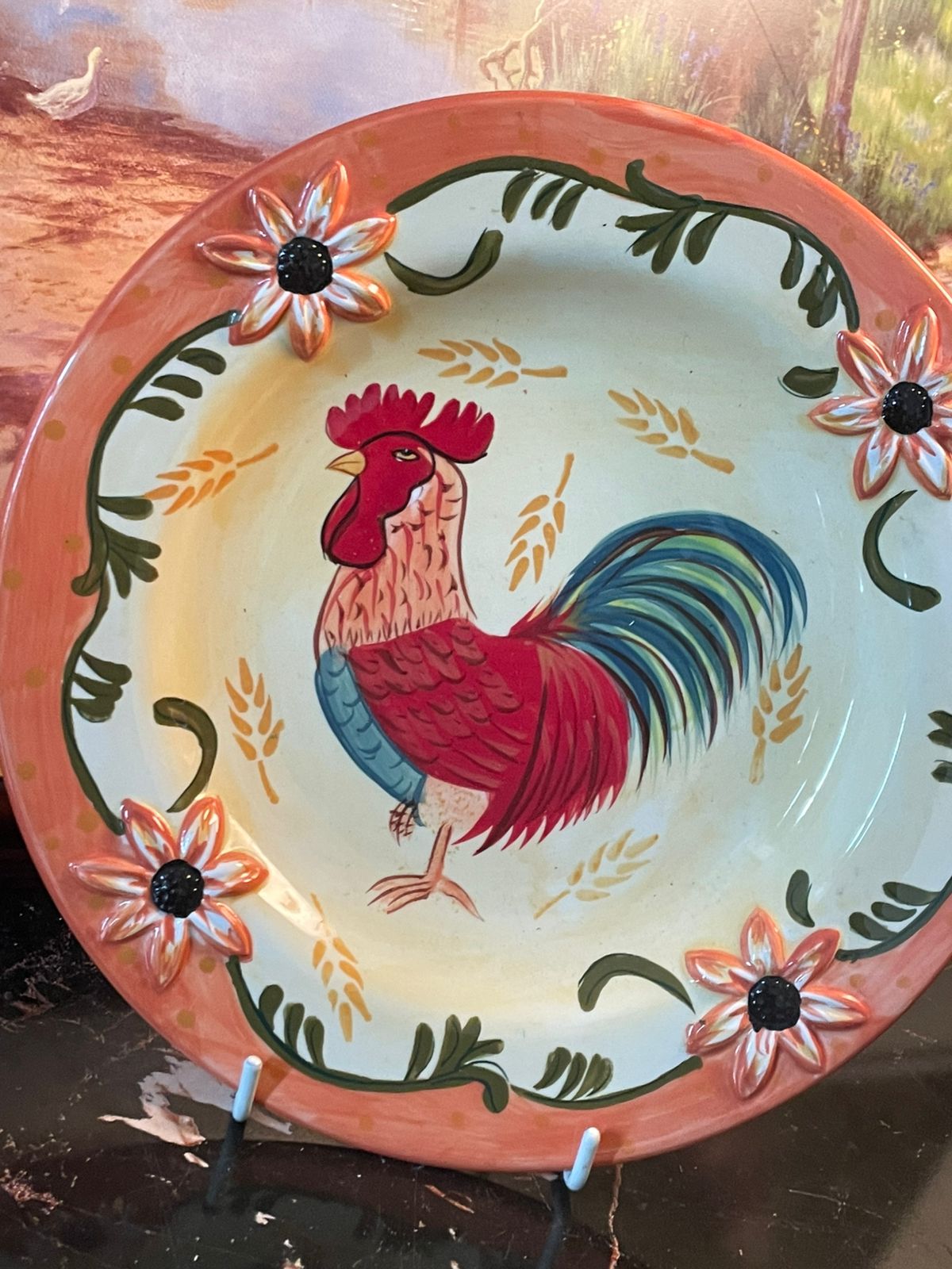 Hand-Painted Rooster Decorative Plate with Floral Border – Wall Hanging (Stand Included)