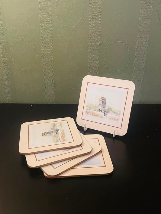 Set of 5 Vintage Cork-Back Drinks Coasters – Windmill Country Scene Design