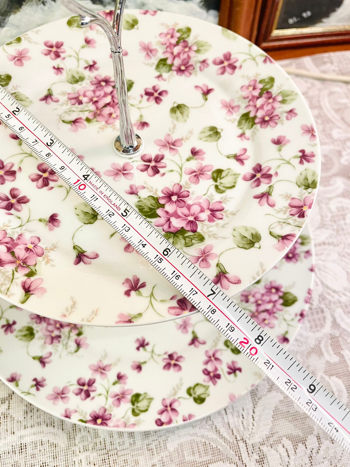 Vintage Pink Floral Two Tier Porcelain Cake Stand