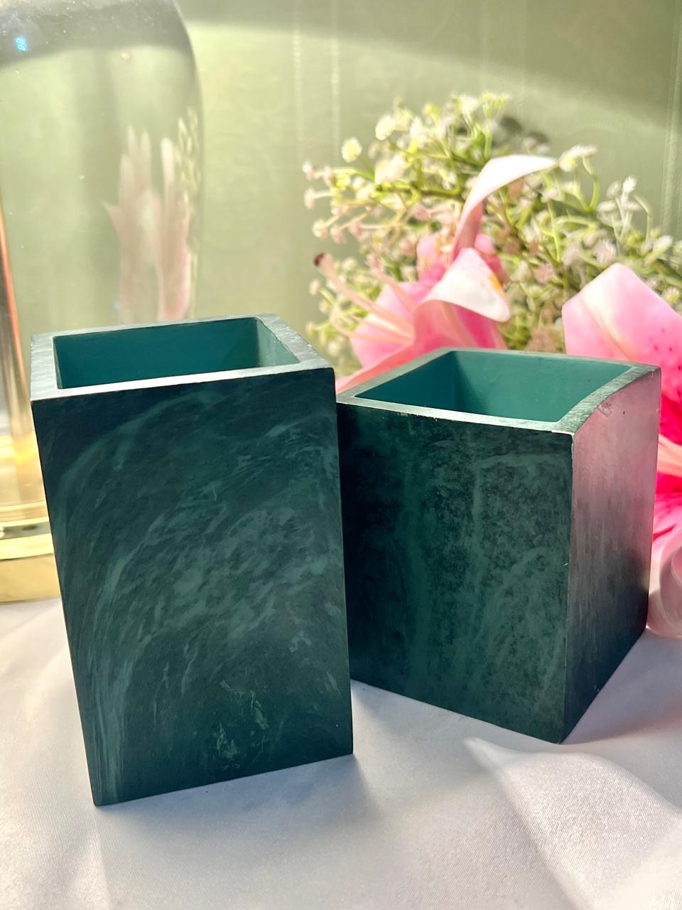 Set of 2 Green Wooden Desk Organisers / Vase Set of 2  – Graduated Rectangular Design