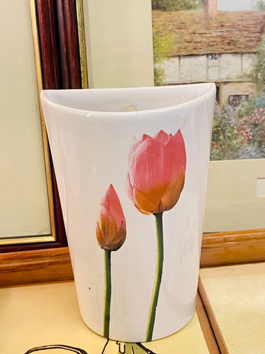 tall floral vase, ceramic vase, blossom vase, pink flower vase, cottagecore decor, vintage vase, wall vase, bud vase, home decor accessories, decorative ceramic vase