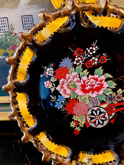 (Rare find) Japanese Floral Decor Plate with Ribbon Accent – Hand-Painted Porcelain (Approx. 7 Inches)