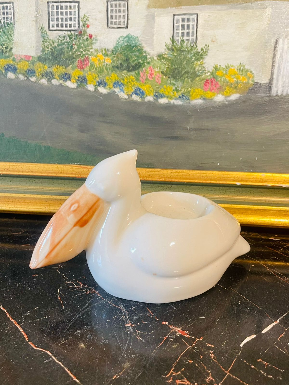 Vintage White Ceramic Pelican Candle Holder / Trinket Dish