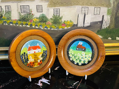 Set of 2 Vintage Wooden Wall Plates – Cottage & Windmill Scenic Ceramic Inserts