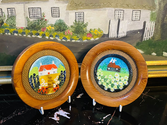 Set of 2 Vintage Wooden Wall Plates – Cottage & Windmill Scenic Ceramic Inserts